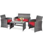 DORTALA 4 Piece Patio Furniture Set, Outdoor Wicker Conversation Set with Soft Cushions & Tempered Glass Coffee Table, Rattan Patio Sofa Bistro Sets for Courtyard Balcony, Red