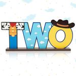 C1krint Toy Inspired Two Letter Sign Wooden Centerpiece, Cowboy 2nd Birthday Party Decoration Table Ornament Photo Props for Two Year Old Baby Boys Cartoon Theme Second Birthday Party Decor Supplies