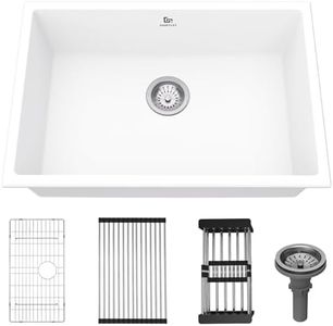 Quartz Kitchen Sink, 27 Inch White Undermount Kitchen Sink, Deep Single Bowl Granite Composite Kitchen Sink, Modern Sink Providing Complete Accessories, Spacious Workspace and Easy Cleaning