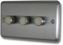 Varilight Brushed Steel, LED Dimmer Switch - V-Pro Series, 3 Gang (Double), 1 or 2 Way, 300 Watt (Trailing Edge)