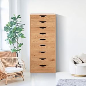 Naomi Home Bianca 9-Drawer Tall Narrow Dresser — Compact 13.8″W Natural Storage Cabinet with Smooth Glide Drawers, Superior Capacity & Vertical Design