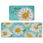 Tailus Hello Spring Daisy Flower Kitchen Rugs Set of 2, Floral Butterfly Teal Kitchen Mats Decor, Seasonal Floor Door Mat Home Decorations -17x29 and 17x47 Inch