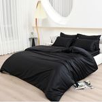 Black Double 6 Piece Silky Duvet Cover Set Satin Bedding (Black, Double)