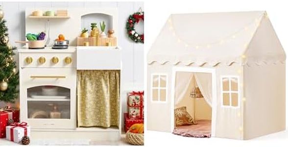 Tiny Land Play Tent with Padded Mat & LED Lights & Play Kitchen with Cutting Food Set