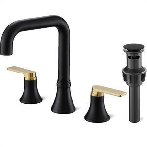 HOIGY 8 Inch Black and Gold Bathroom Faucet Widespread, 360 Degree Swivel Faucet for Bathroom Sink 3 Hole with 2 Handles, Pop-Up Drain & Water Hoses Saving Water