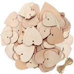 BELLE VOUS 100 Pack of Wooden Hearts with 10m Natural Twine - 5 Different Sized Unfinished Wooden Shaped Heart Set with Holes - Decorations for Weddings, Parties, Anniversaries, Personalised Gifts