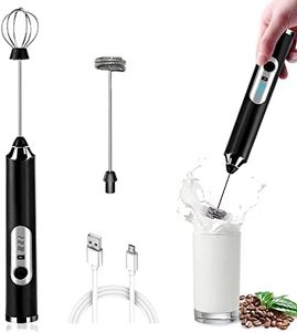 Milk Frother Rechargeable Handheld, Electric Whisk Coffee Frother Mixer with 2 Stainless whisks, 3 Speed Adjustable Foam Maker Blender, for Coffee Matcha Latte Cappuccino Hot Chocolate (Black)