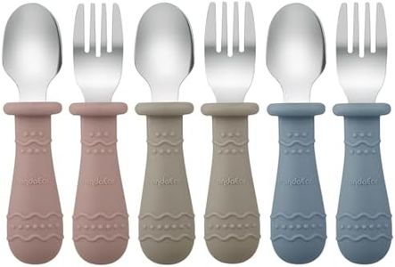 PandaEar Toddler Utensils, 6 Pack Kids Spoons and Forks, 18/8 Stainless Steel & Food Grade Silicone Children Silverware Set, Dishwasher Safe (Blue/Brown/Red)