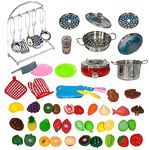 koolbitz 63 Pcs Pretend Fruit Vegetables Cutting Toys for Toddlers Kids Child-Safe Knife & Chopping Board with Stainless Steel Kitchen Set Accessories Utensils Pretend Food for Toddlers