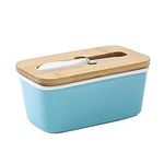 Porcelain Large Butter Dish with Knife & Wooden Lid, Airtight Butter Keeper for Countertop, Large Butter Holder for All Types of Butter (Blue)