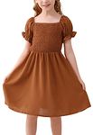 GORLYA Girls Puff Sleeve Square Neck Boho Frilly Smocked Shirred Flared Midi Dress 4-14T (GOR1114,14Y,Brown)