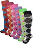 6 Pairs Women's Fancy Design Multi Colorful Patterned Knee High Socks,Argyle Design,Size 9-11 ( Fit women shoe size 4 to 10 )