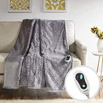 Beautyrest Brushed Long Fur Electric Throw Blanket Ogee Pattern Warm and Soft Heated Wrap with Auto Shutoff, 50 in x 60 in, Grey