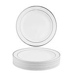 MATANA 100 Premium White Plastic Dinner Plates with Silver Rim, 26cm / 10 Inch - Elegant & Reusable Party Plates for Weddings, Birthdays, Picnic, BBQ, Parties