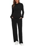 Famulily Cowl Neck Womens Tracksuit Sets Drawstring Long Sleeve Pullover Top and Elastic Waist Wide Leg Pants with Pockets Black L