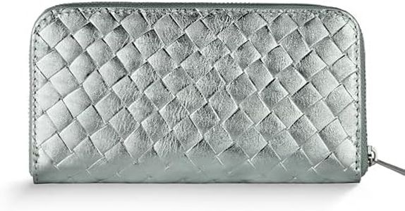 TAKEASY Italian Genuine Metallic Suede Wallet for Women with Full Zip Closure & Woven Texture | Elegant Clutch Card Case (Silver)