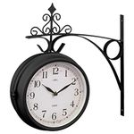 WiseAccordio Patio clock 23 cm Round,Outdoor Dual Sided Station Clock,Garden decor clock, Waterproof outdoor clock,Station clock,Retro Dial Wall Clock (Black)