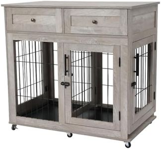Dog Crate Furniture with Drawers,2 Rooms Dog Kennel Crate with 360°Rotatable Wheels,Dog Crate End Table with Tray,Double Dog Cage Dog House Indoor Rustic Grey
