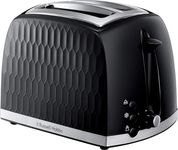 Russell Hobbs Honeycomb 2 Slice Toaster (Extra wide slots, High lift feature, 6 Browning levels, Frozen/Cancel/Reheat function, Removable crumb tray, 850W, Black, Textured high gloss) 26061