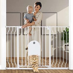 COMOMY Barriere de Securite Chien avec Porte Ajustable pour Chat, 75-123cm Barriere de Securite Enfant Extra Wide pour Escaliers et Portes, Barrière à Fermeture Automatique, 76cm de Haut (Blanc)