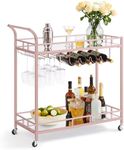 VASAGLE Bar Cart Gold, Home Bar Serving Cart, Wine Cart with 2 Mirrored Shelves, Wine Holders, Glass Holders, for Kitchen, Dining Room, Rose Gold ULRC090A07