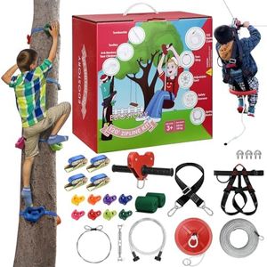 EDOSTORY 160 Feet Backyard Zip Line Kit for Kids and Adult Outdoor Up to 330lb Zipline with Spring Brake and Safety Harness with 4 Tree Climbers, Christmas and Birthday Gifts for Kids(Red)