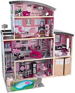 KidKraft Sparkle Mansion Wooden Dolls House with Furniture and Accessories Included, 3 Storey Play Set with Cat, Lift, Garage and Pool for 30 cm/12 Inch Dolls, Kids' Toys, 65826