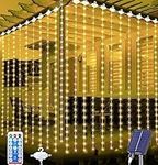 Joysing Solar Curtain Lights 3M x 3M Gazebo Lights with Remote Control, 8 Modes Waterfall Fairy Lights Waterproof Curtain String Lights for Garden Party Wedding Pergola Wall Decoration - Warm White