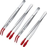 Honoson 4 Pieces Rubber Tipped Tweezers Craft Tweezers PVC Silicone Coated Non Marring Flat Tip Bent Tip Tweezers Tipped Tweezers for Lab Industrial Jewelry Craft Coin Stamp Tweezers Tongs(Red)