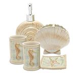 HotSan bathroom accessory Set, 5 PCS Beach Seashells Ensemble Set Includs Soap Dispenser, Soap Dish, Tumble, Toothbrush Holder - Ivory Polyresin Set for Man, Woman, Kids