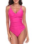 RELLECIGA Women's Neon Rose V Neck Ruched One Piece Swimsuit Twist Front Bathing Suits Size X-Large