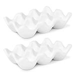 Flexzion Porcelain Egg Crate - 6-Egg Capacity Ceramic Egg Tray, Half Dozen Egg Holder for Fridge, Countertop Display - White Decorative Serving Dish and Storage Organizer, 2 Pack