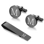 Thunaraz Stainless Steel Black Engraved Initial Cufflinks and Tie Clip Bar Set Alphabet Letter with Gift Box Black Letter M