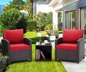 DEVOKO 3 Pieces Outdoor Patio Balcony Furniture Rattan Conversation Set Wicker Sofa with Square Storage Table (Dark Brown & Red)