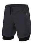 TCA Ultra 2 in 1 Compression Shorts Men Running Gym Shorts for Men with Zipped Pockets - Asphalt (2X Zip Pockets), S