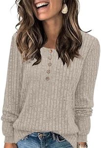 ABINGOO Jerséis para Mujer Cuello Redondo con Botones Tops de Manga Larga Suéter Ligero Túnicas Basica Pullover Camisetas(Caqui,L)