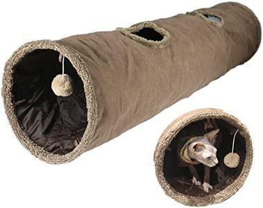 Terunat Cat Tunnel for Indoor Cats, 51×12 inch Foldable Big Cat Tunnel, Brown Suede Pet Tunnels with Two Peepholes and a Bubble Ball