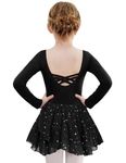 Zaclotre Girls Ballet Leotards with Shiny Skirt Long Sleeve Leotard Crisscross Back Dance Dresses Outfit Black