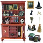 BEIREG Dollhouse Miniatures 1/12 Scale Accessories, Wooden Bookshelf Furniture Set - Magic Bottle&Potion, Witch Frame and Hat, Mini Bookcase, Haunted Dollhouse Halloween Decorations for Kids Gifts