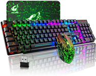 Wireless Gaming Keyboard and Mouse Combo with Rainbow LED Backlit Rechargeable 4000mAh Battery Ergonomic Feel Waterproof Dustproof 7 Color Backlit Mute Mice MouseMat for Computer Mac Gamer (Black/Rainbow)