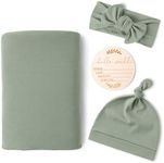 Konssy Baby Girl Newborn Receiving Blanket with Matching Headband and Beanie Set Baby Swaddle Nursery Swaddle Wrap(Fog Green)