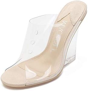 MACKIN J 405-1 Women's Clear Wedge Sandals Open Toe Slip On Mule Lucite Heel Dress Shoes (Transparent,8)