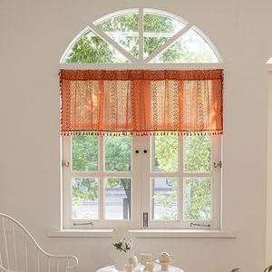 Sutuo Home Boho Valance Curtains Crochet Lace Sheer Bohemian Hollow Knitted with Tassels, Privacy Vintage Rustic Farmhouse Drapes for Kitchen, Rod Pocket 1 Panel 59" W x 36" L, Orange