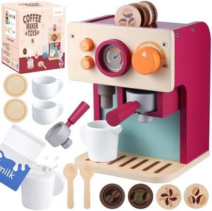 GAGAKU Wooden Coffee Machine Toy for Toddlers, Montessori Learning Toys for 3 4 5 Year Old Girls & Boys, Realistic Pretend Play Kitchen Accessories with Espresso Maker & Latte Art Set