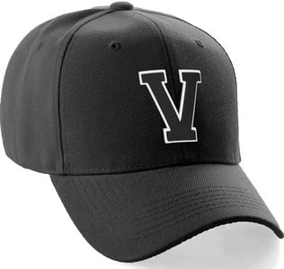 Classic Baseball Hat Custom A to Z Initial Team Letter, Black Cap White Black Letter V