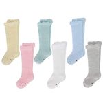 LACOFIA 6 Pairs Baby Girls Knee High Long Socks Toddler Princess Cotton Knitted Stocking for Spring/Summer, Style 4, S/0-1 Years