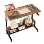 Flrrtenv 39 Inch Mobile Computer Desk with Adjustable Height, Small Laptop Desk with Power Outlets, Standing Desk Table Workstation for Home Office, Rustic Brown