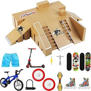 Fingerboard Skatepark 8Pcs, JSCARES Fingerboard Ramps with 9Pcs Mini Finger Toys Set Including Fingerboards, Finger Bike, Scooters, Skateboard Ramp Set Finger Skate Park for Kids