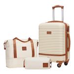 COOLIFE Suitcase Trolley Carry On Hand Cabin Luggage Hard Shell Travel Bag Lightweight with TSA Lock,The Suitcase Included 1pcs Travel Bag and 1pcs Toiletry Bag (White/Brown, 20 Inch Luggage Set)