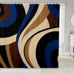 Brown Navy Blue Black Retro Shower Curtain with Abstract Stripes, Geometric Circle Pattern, Waterproof, Soft Polyester, 12 Hooks, 72" W x 72" L